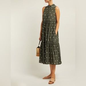 ASCENO Polka-dot Crepe Tiered Midi Khaki Green Dress